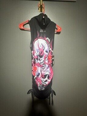 Broken Promises XS Gets Hurt Cinched Black Hooded Sleeveless Dress Skulls NWT